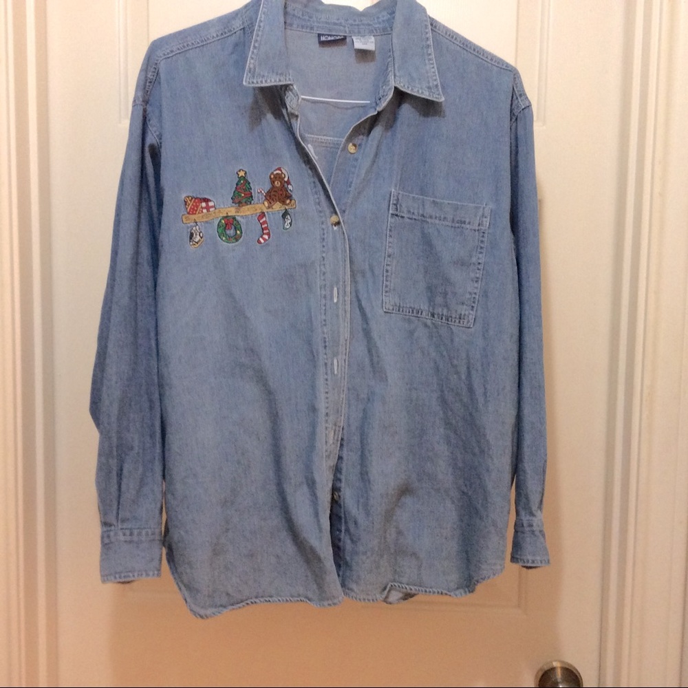Honors XL blue Christmas LS faded denim shirt
